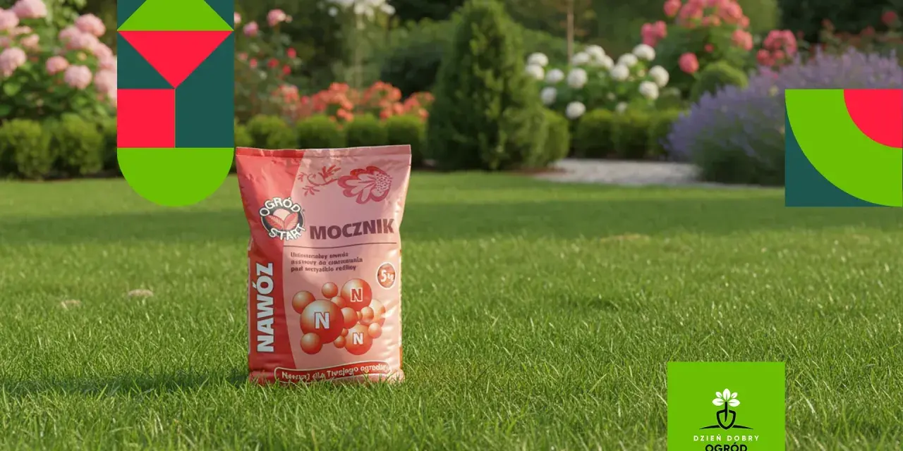 Zadbaj o swój ogród z nawozem mocznik. Opakowanie na tle zielonej trawy i kwitnących krzewów.