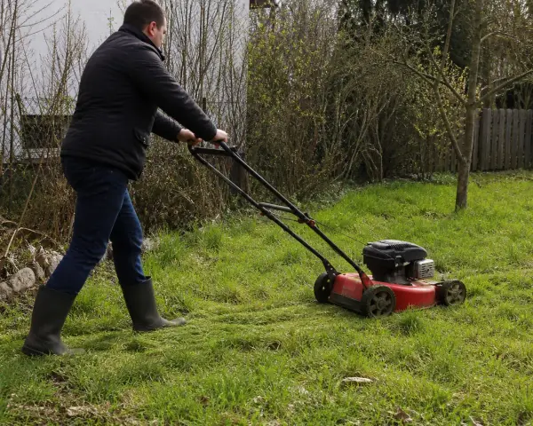Mężczyzna w gumowcach kosi trawę czerwoną kosiarką w ogrodzie po zimie.