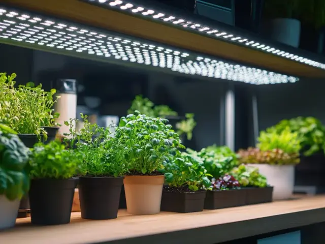Domowa uprawa ziół pod lampami LED. Świeże zioła rosną w doniczkach na półce, gotowe do użycia.