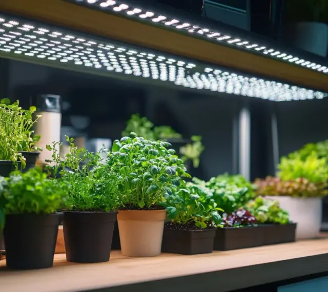 Domowa uprawa ziół pod lampami LED. Świeże zioła rosną w doniczkach na półce, gotowe do użycia.