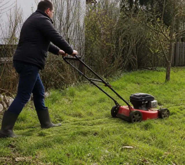 Mężczyzna w gumowcach kosi trawę czerwoną kosiarką w ogrodzie po zimie.