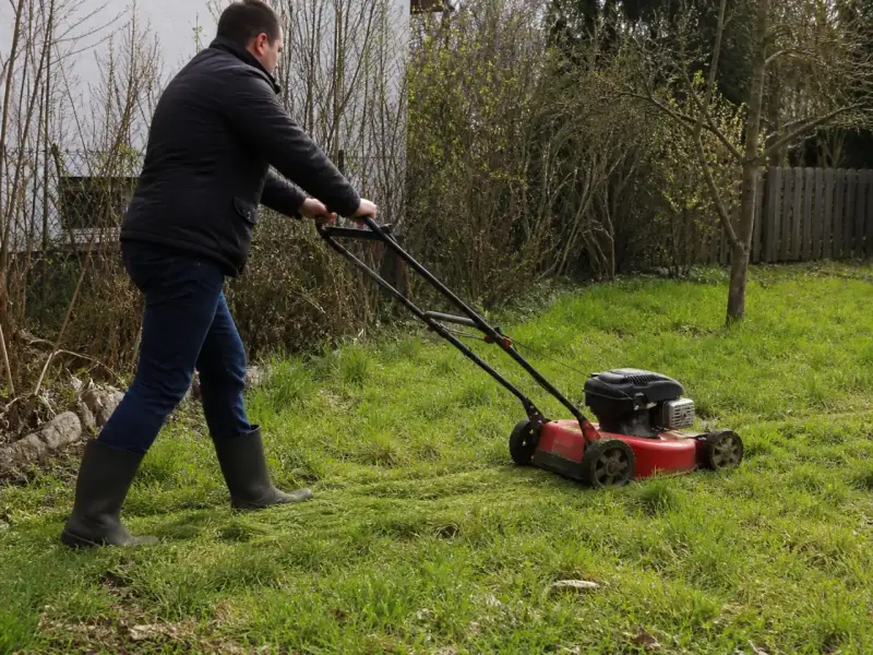 Mężczyzna w gumowcach kosi trawę czerwoną kosiarką w ogrodzie po zimie.